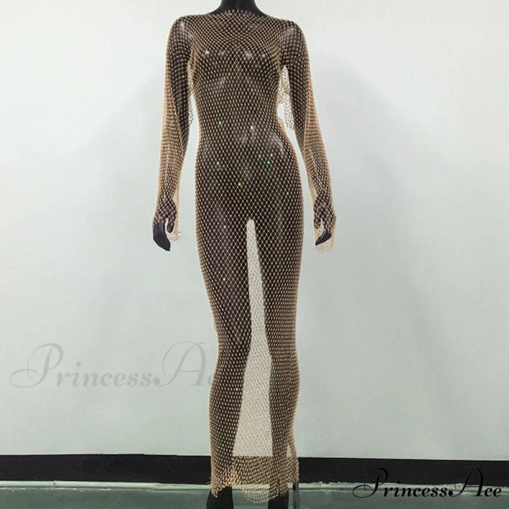 Rhinestone Fishnet Long Sleeve Party Dress