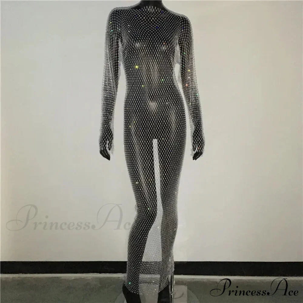 Rhinestone Fishnet Long Sleeve Party Dress