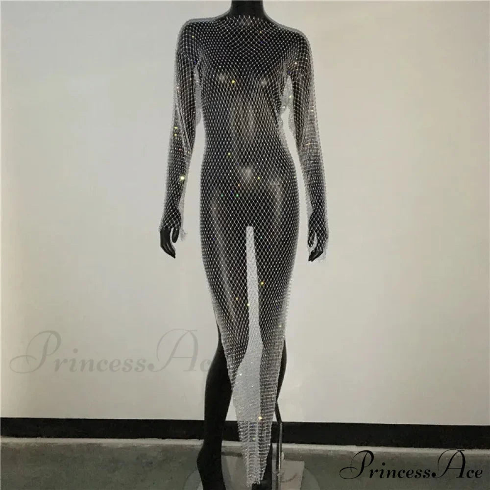 Rhinestone Fishnet Long Sleeve Party Dress