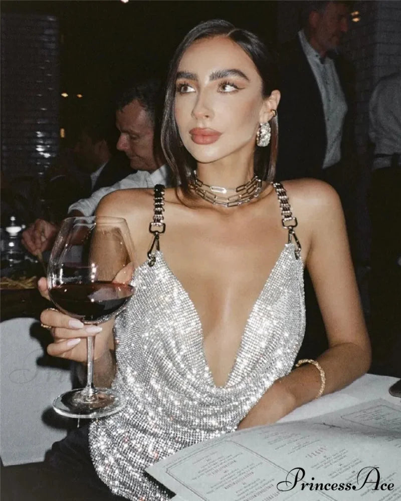 Rhinestone Grid Fishnet Party Dress