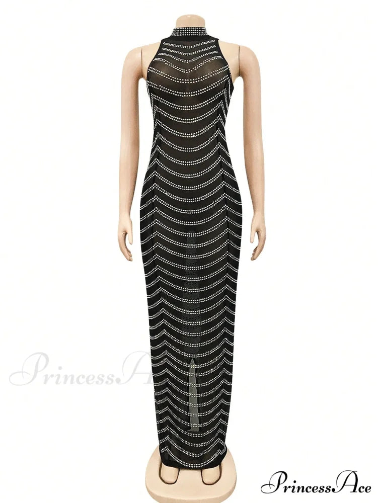 Rhinestone Sheer Mesh Bodycon Dress