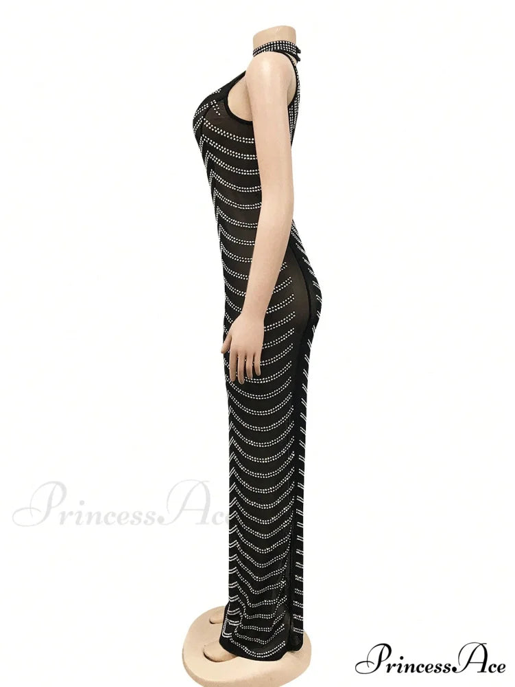 Rhinestone Sheer Mesh Bodycon Dress