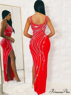 Rhinestone Slit Maxi Party Dress