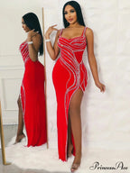 Rhinestone Slit Maxi Party Dress