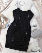 Rhinestone Strap Glitter Thick Strap U-Neck Skinny Midi Party Dress