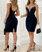 Rhinestone V Neck Back Slit Mini Skinny Bodycon Dress
