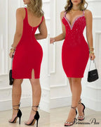 Rhinestone V Neck Back Slit Mini Skinny Bodycon Dress