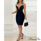 Rhinestone V Neck Back Slit Mini Skinny Bodycon Dress