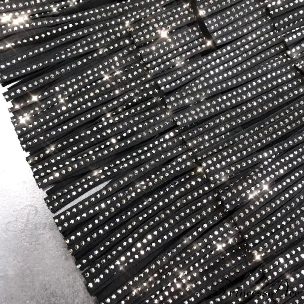 Rhinestones Tassel High Waist Belt Skirt