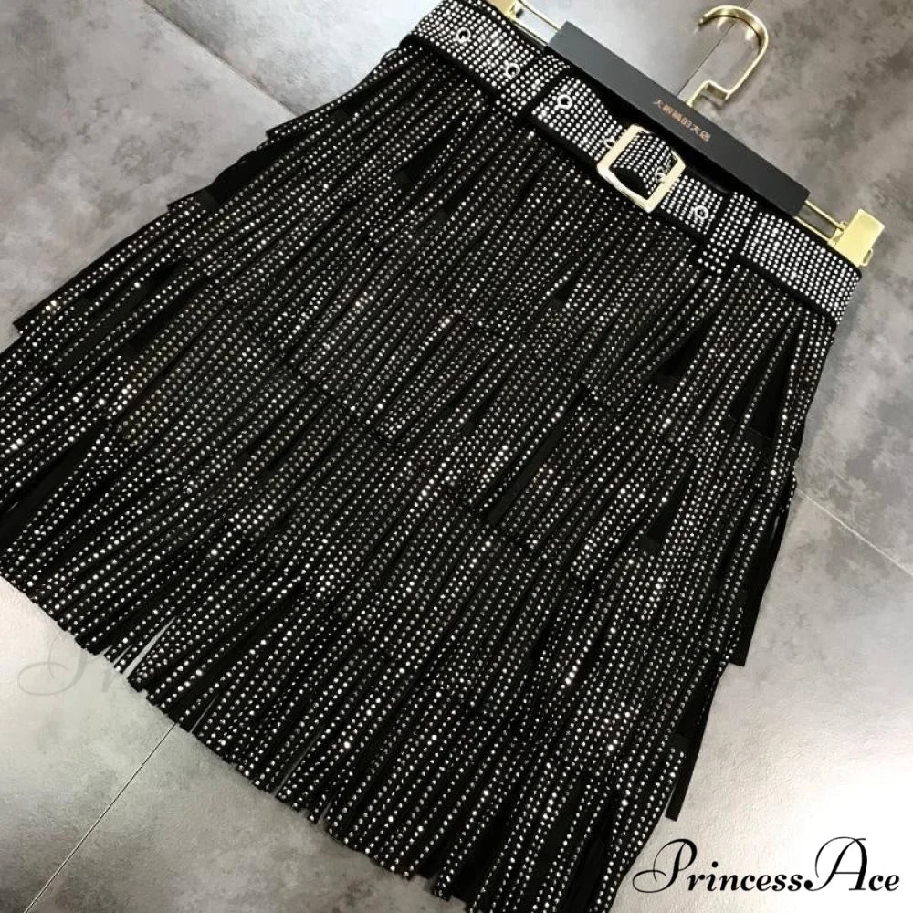 Rhinestones Tassel High Waist Belt Skirt