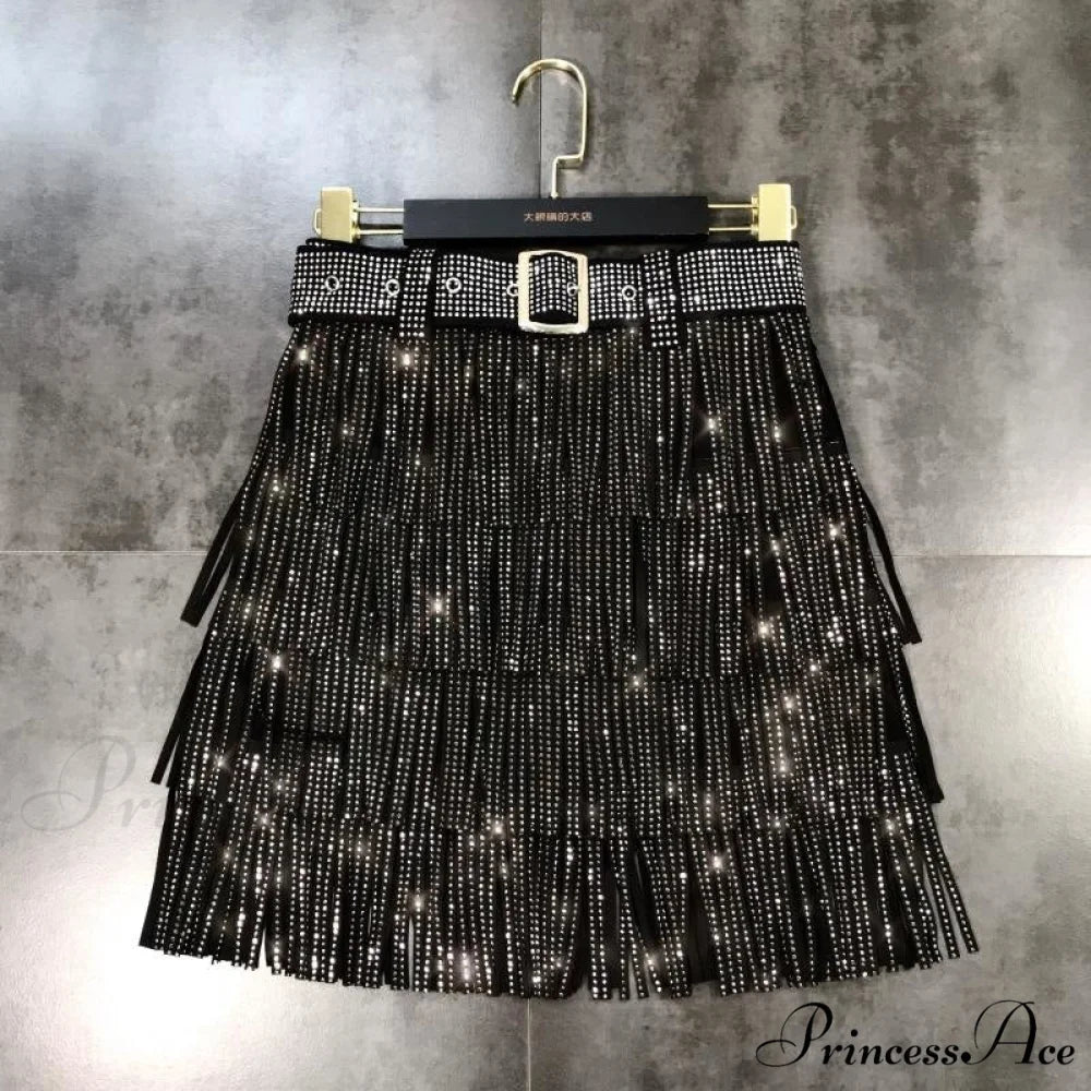 Rhinestones Tassel High Waist Belt Skirt