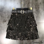 Rhinestones Tassel High Waist Belt Skirt