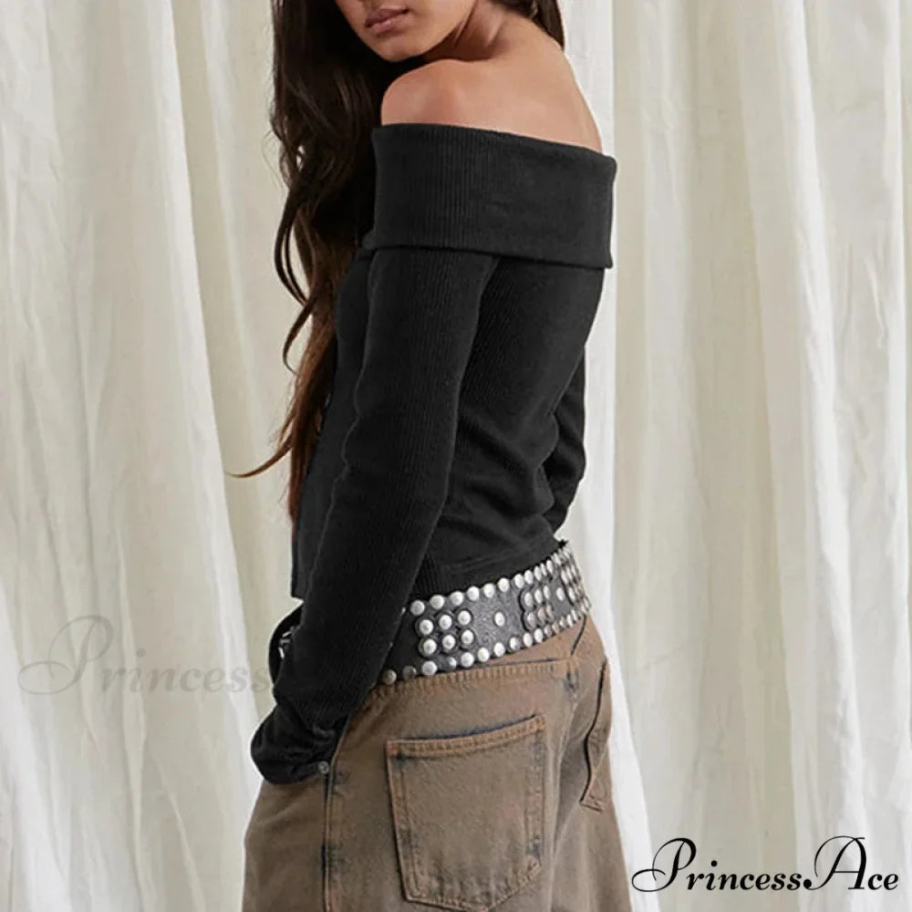 Rib Knitted Informal Extended Sleeve Off-Shoulder Trim Fit Shirt Women