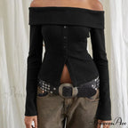 Rib Knitted Informal Extended Sleeve Off-Shoulder Trim Fit Shirt Women