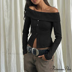 Rib Knitted Informal Extended Sleeve Off-Shoulder Trim Fit Shirt Women
