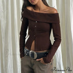 Rib Knitted Informal Extended Sleeve Off-Shoulder Trim Fit Shirt Women