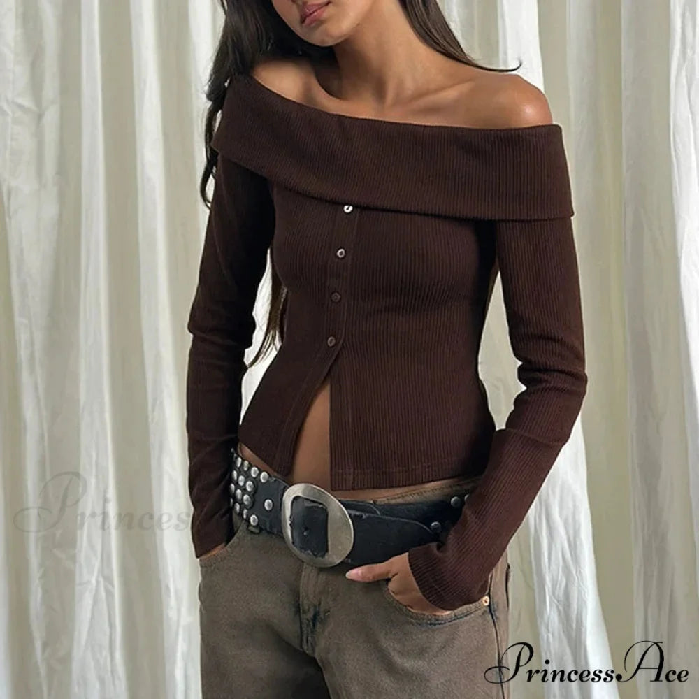 Rib Knitted Informal Extended Sleeve Off-Shoulder Trim Fit Shirt Women