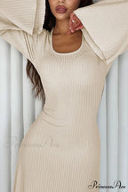 Ribbed Flares Sleeve Dress with Tie-back