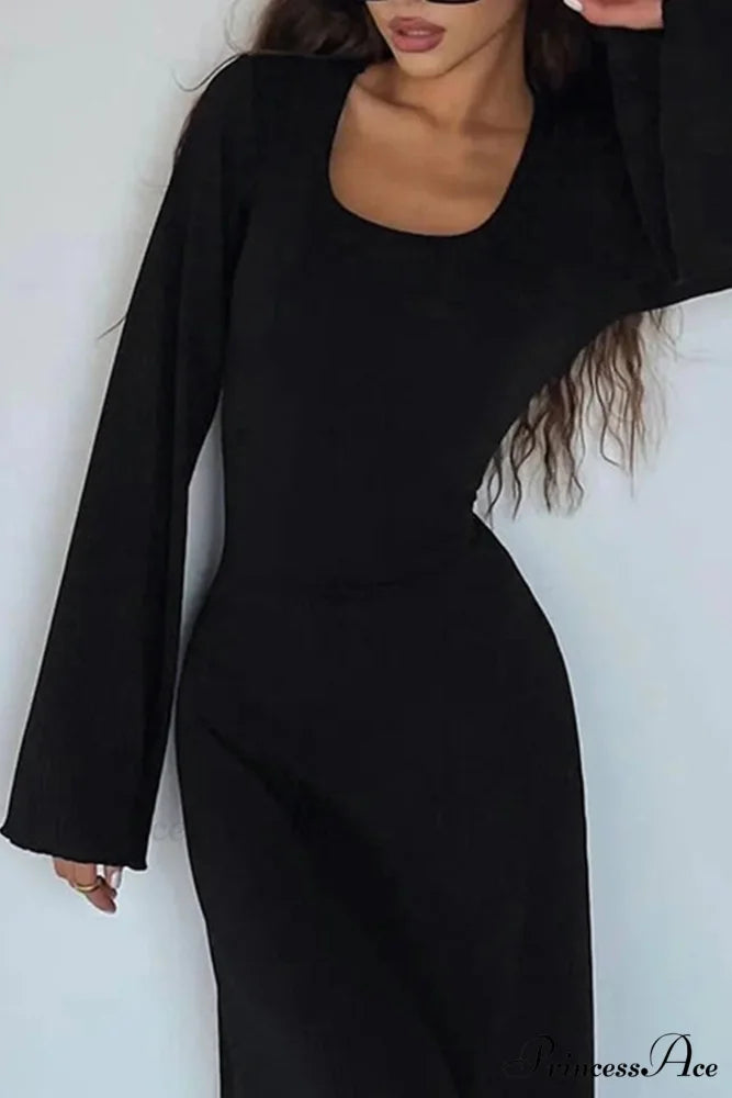 Ribbed Flares Sleeve Dress with Tie-back