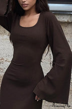 Ribbed Flares Sleeve Dress with Tie-back