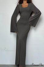 Ribbed Flares Sleeve Dress with Tie-back