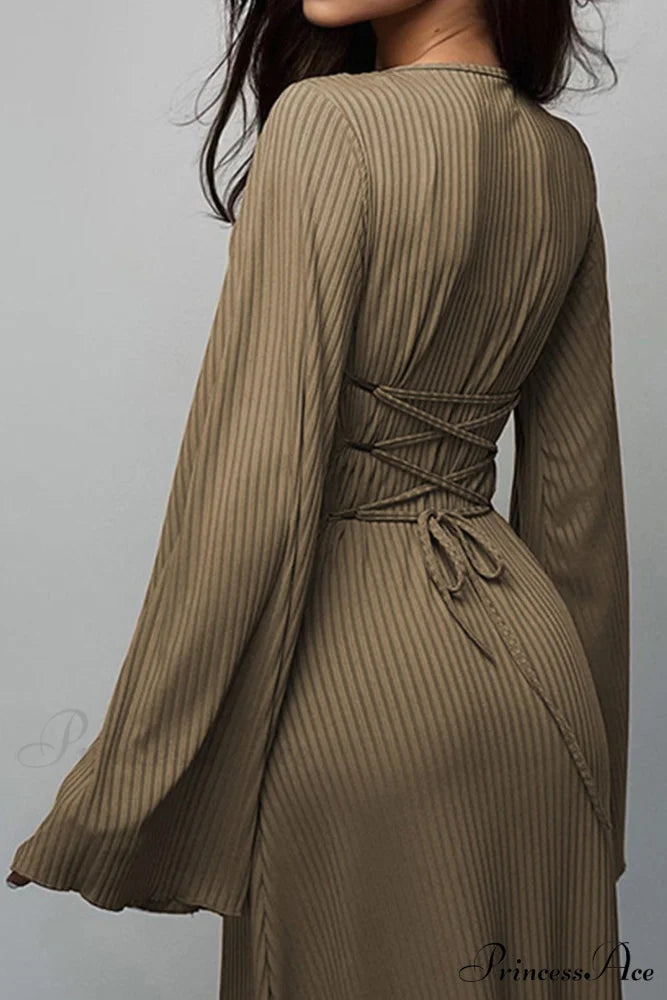 Ribbed Flares Sleeve Dress with Tie-back