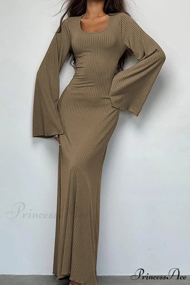 Ribbed Flares Sleeve Dress with Tie-back