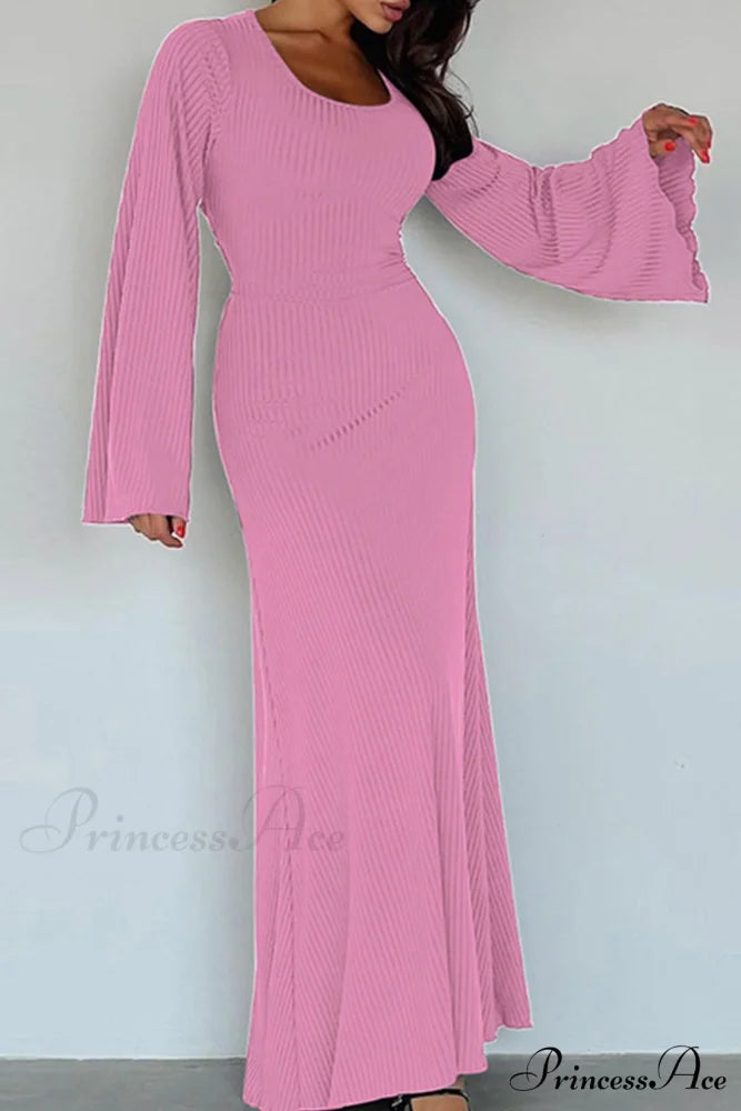 Ribbed Flares Sleeve Dress with Tie-back