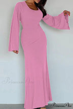 Ribbed Flares Sleeve Dress with Tie-back