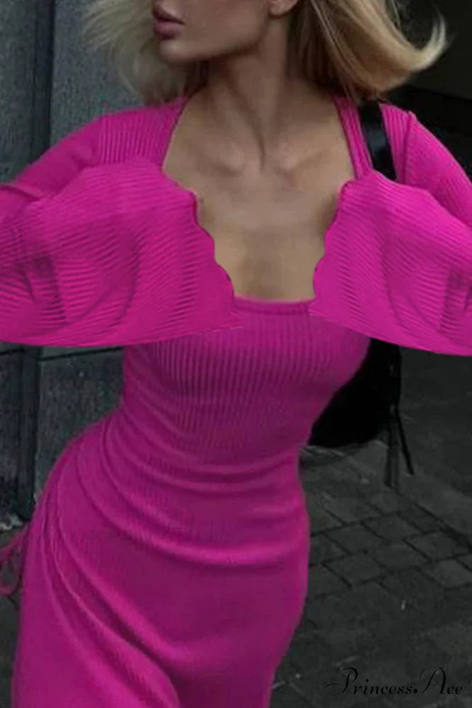 Ribbed Flares Sleeve Dress with Tie-back