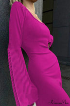 Ribbed Flares Sleeve Dress with Tie-back