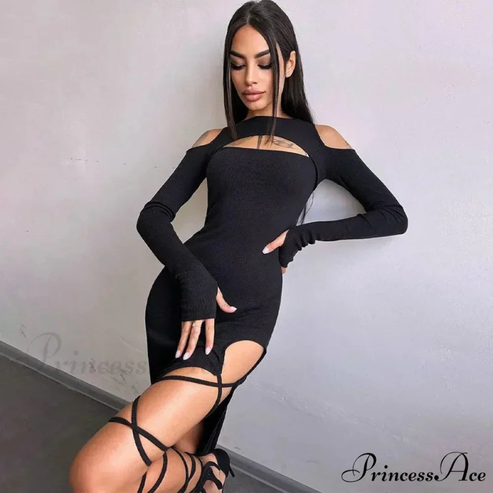 Ribbed Hollow Long Sleeve Off Shoulder Tie Up Party Clubwear Midi Dress