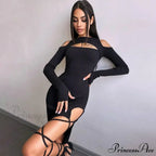 Ribbed Hollow Long Sleeve Off Shoulder Tie Up Party Clubwear Midi Dress