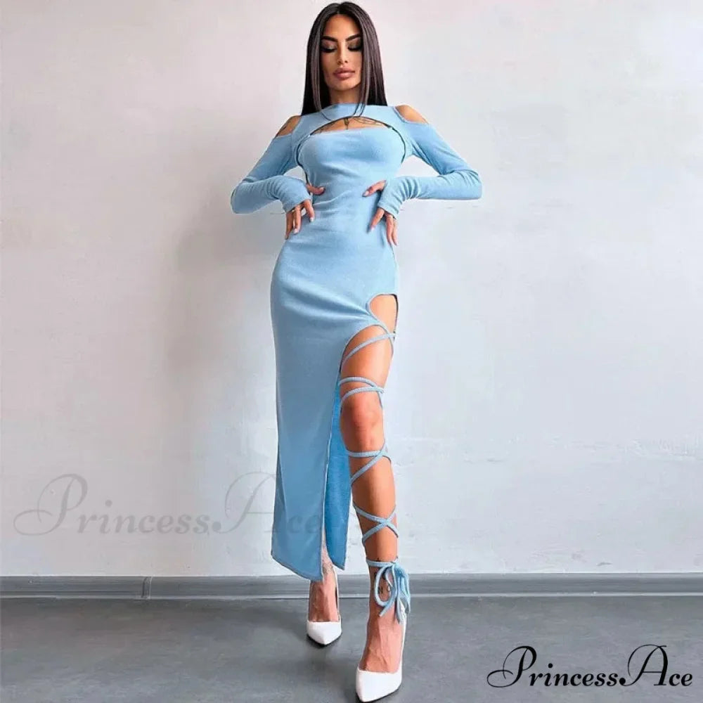 Ribbed Hollow Long Sleeve Off Shoulder Tie Up Party Clubwear Midi Dress