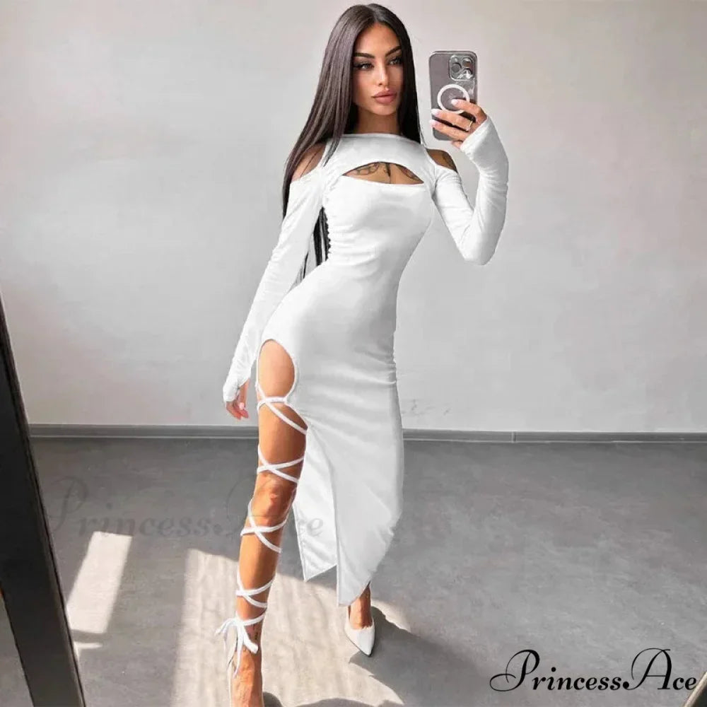 Ribbed Hollow Long Sleeve Off Shoulder Tie Up Party Clubwear Midi Dress