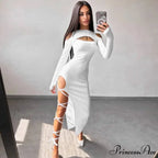 Ribbed Hollow Long Sleeve Off Shoulder Tie Up Party Clubwear Midi Dress