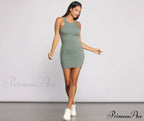 Ribbed Knit Crew Charming Neck Bodycon Mini Dress