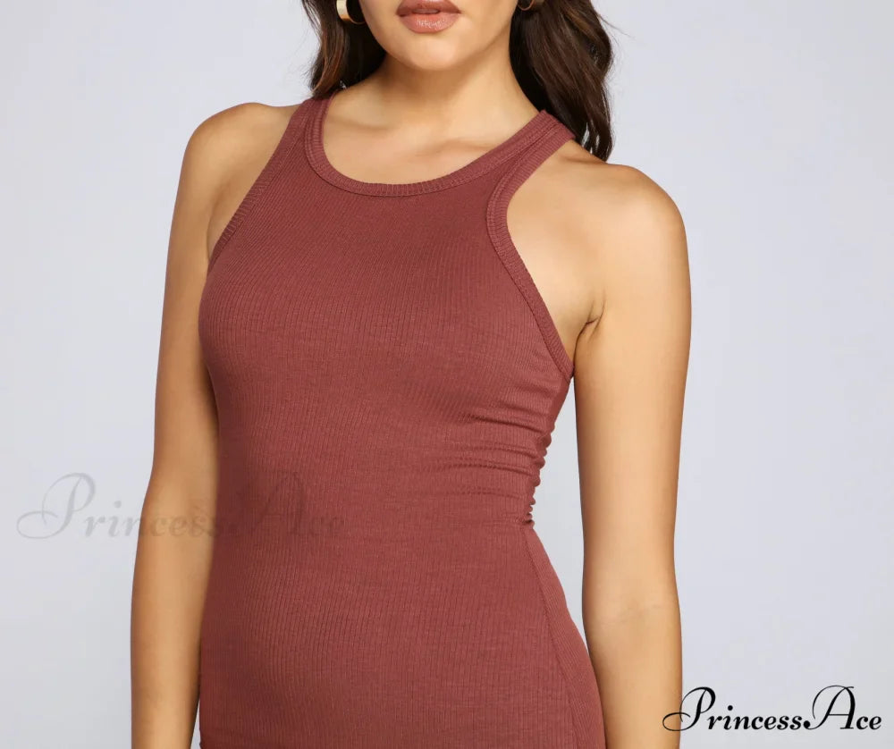 Ribbed Knit Crew Charming Neck Bodycon Mini Dress