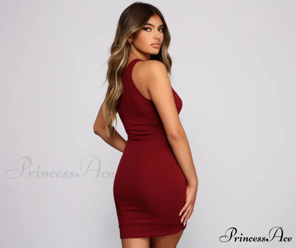 Ribbed Knit Crew Charming Neck Bodycon Mini Dress