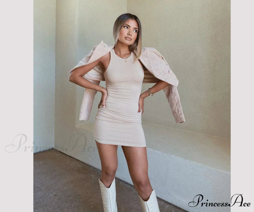 Ribbed Knit Crew Charming Neck Bodycon Mini Dress