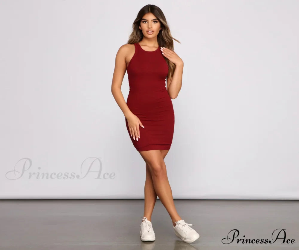 Ribbed Knit Crew Charming Neck Bodycon Mini Dress
