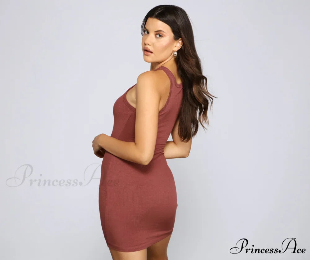 Ribbed Knit Crew Charming Neck Bodycon Mini Dress