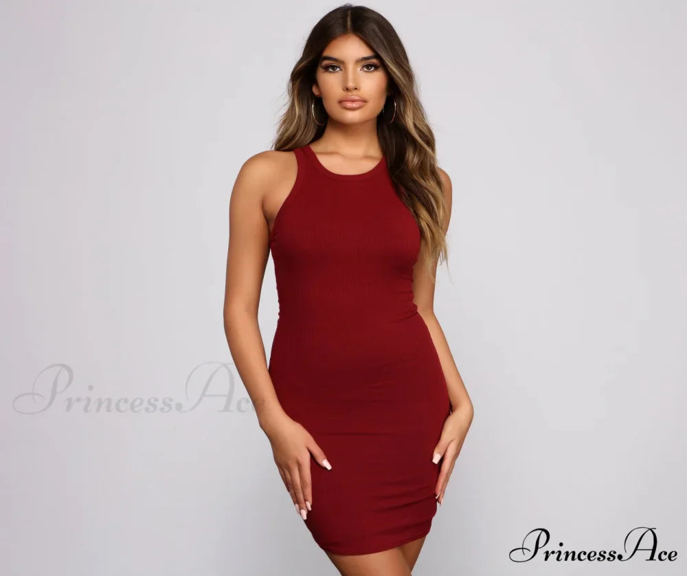 Ribbed Knit Crew Charming Neck Bodycon Mini Dress