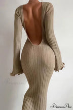 Ribbed Knit Dress with Long Flare Sleeves and Backless Design