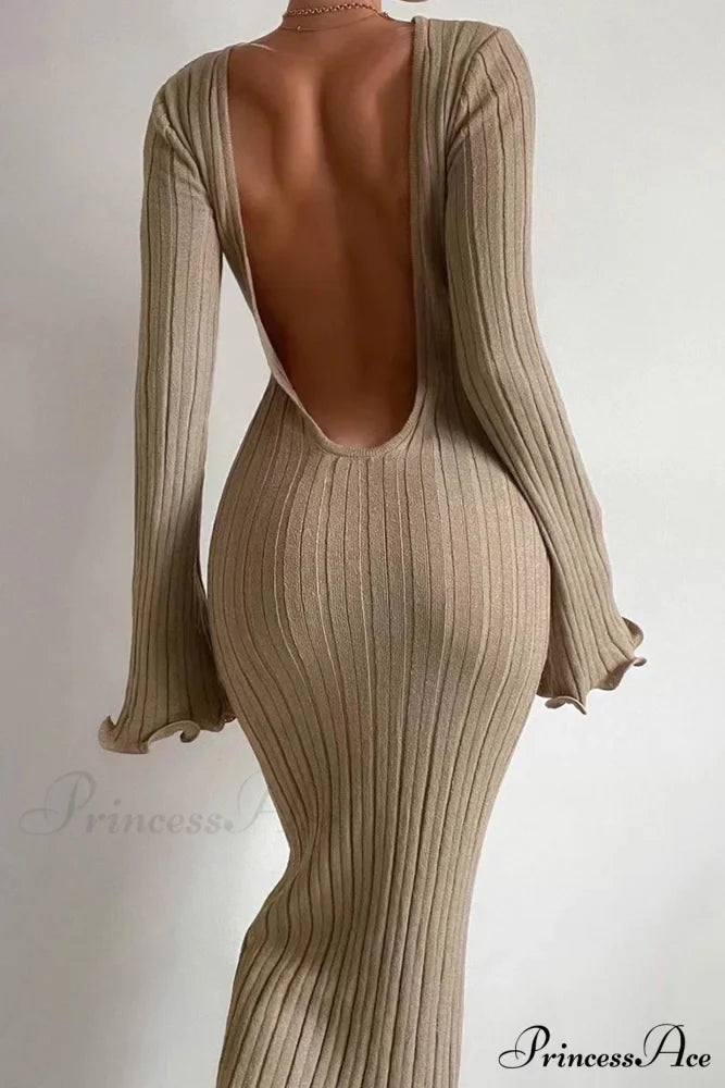 Ribbed Knit Dress with Long Flare Sleeves and Backless Design