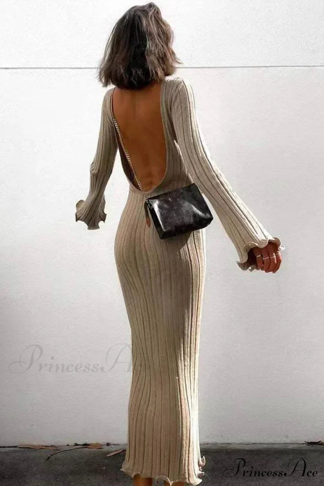 Ribbed Knit Dress with Long Flare Sleeves and Backless Design