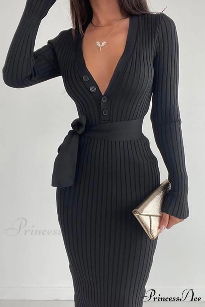 Ribbed Knit Dress with Tie-waist