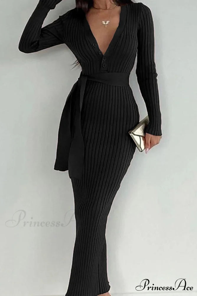 Ribbed Knit Dress with Tie-waist