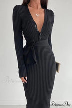 Ribbed Knit Dress with Tie-waist