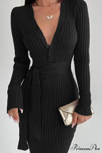Ribbed Knit Dress with Tie-waist